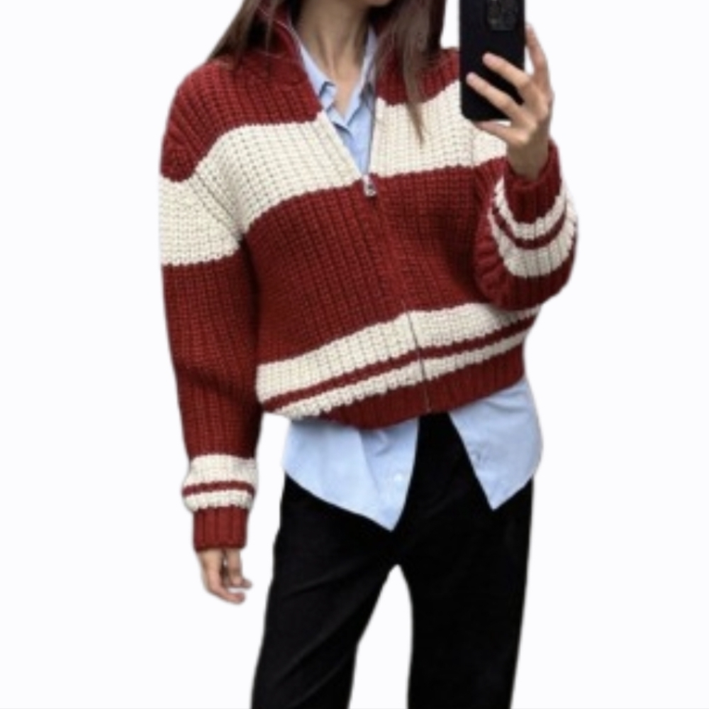 NWT ZARA Zip-Up Cardigan Sweater Small Wool Mix Chunky Knit Boxy Color Block‎
